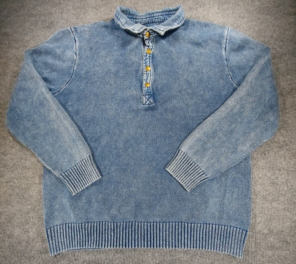 VTG Sausalito Sailing Denim Collar Knit Pullover Sweater Mens Lrg Blue Snap 90s